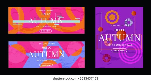 Autumn Set. Trendy Abstract Geometric Design in Retro Style from the 80s-90s. Modern Background Patterns for Advertising, Social Media, Posters, Banners, Covers. Sale Offer 50%. Vector Illustration.