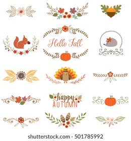 Autumn set with turkey, squirrel, hedgehog, fall leaves, floral motifs, pumpkin, acorn, wreath, laurels and banner.