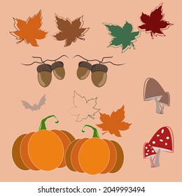 
Autumn set - two orange pumpkins, acorns on branches, maple leaves and mushrooms