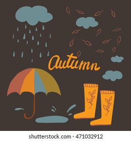 autumn set: umbrella, rain, gumboots on black background. Set of autumn. Autumn object isolated. autumn illustration vector. Autumn color. Autumn design. Autumn element. Autumn decor. Autumn cartoon. 