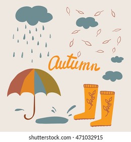 autumn set: umbrella, rain, gumboots on light background. Autumn icon and objects set. Autumn. Fall. cartoon happy autumn elements vector design. Rain cloud precipitation with rain drops.