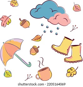 Autumn set with an umbrella, a scarf, rubber boots, a cloud, a rain, a puddle, a cup of the coffee . Vector illustration.Set for stickers, cards, books and web.