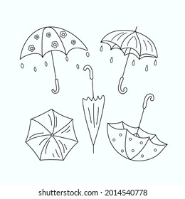 Autumn set of umbrellas in doodle style. Rain, cheerful umbrellas. Vector illustration. Isolated white background.