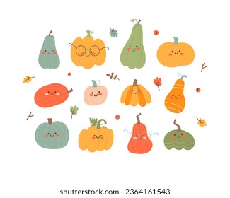 Autumn set with various cute smiling pumpkin characters. Vector illustration isolated on a white background. Cartoon elements.