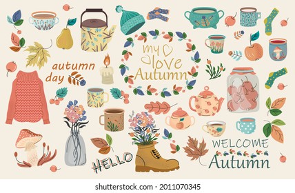 
El otoño estableció varios elementos. Los objetos del otoño con un estilo retro de época plana, en tonos pastel. Ilustración vectorial.