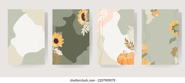 Autumn set. Vector cards with sunflowers and pumpkins on a trendy background