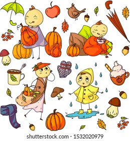 Autumn set of vector cartoon doodles with kids, pumpkins, rain, drinks, mushrooms, acorns etc. for use in leaflets, posters, menus, ads