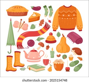 Autumn set. Vector set of cartoon fall icons: leaves, sweater, pumpkins, hedgehog, book, candle. Autumn season elements for harvest festival and Thanksgiving day poster, greeting card. Hygge style