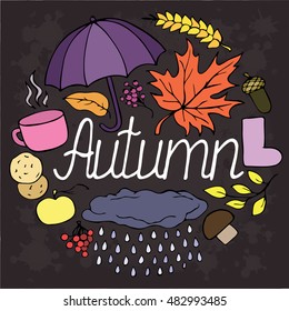 Autumn set vector doodle sketch. Object isolated illustration on white background. Doodle line style. Lettering, color, design, element, cartoon. Rain, boots, clouds,  tea, cold, sad, umbrella,leaves.