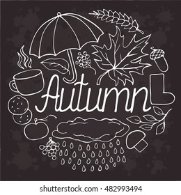 Autumn set vector doodle sketch. Object isolated illustration on black background. Doodle line style. Lettering, color, design, element, cartoon. Rain, boots, clouds,  tea, cold, sad, umbrella,leaves.