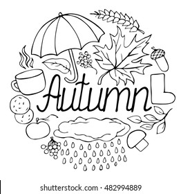 Autumn set vector doodle sketch. Object isolated illustration on white background. Doodle line style. Lettering, color, design, element, cartoon. Rain, boots, clouds,  tea, cold, sad, umbrella,leaves.