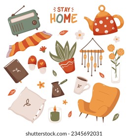 Autumn set of vector elements. Cartoon autumn interior icons. Cozy interior furniture and home decor in autumn colors.