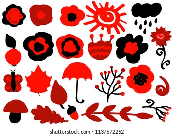 Autumn set, vector hand drawn elements : umbrella, branches with berries, cloud with rain, flowers, fruits, acorn, mushroom, butterfly, maple leaf, oak leaf, acorn. Black and red palette