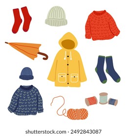 Autumn set of vector hand-drawn icons. Autumn cozy sticker. Set of autumn forest plants, forest animals, autumn products and food, knitted sweaters, raincoat and umbrella