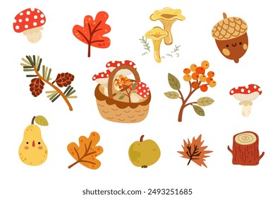 Autumn set of vector hand-drawn icons. Season elements perfect for scrapbook, cards, posters, invitations, stickers set. Set of autumn forest plants, leaf, products and hobbies