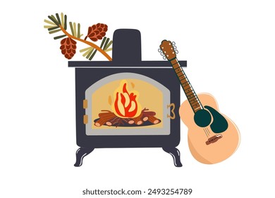 Autumn set of vector hand-drawn icons. Season elements perfect for scrapbook, cards, posters, invitations, stickers set. Cozy autumn elements.
A fireplace with fire, a kerosene lamp and a guitar