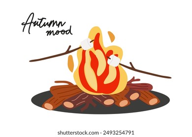 Autumn set of vector hand-drawn icons. Season elements perfect for scrapbook, cards, posters, invitations, stickers set. Cozy autumn elements.
A fireplace with fire, a kerosene lamp and a guitar