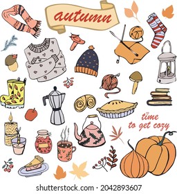 
Autumn set vector icons. Collection of elements of the fall season. Bright background for harvest time