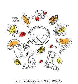 Autumn set of vector icons in doodle style. Isolated elements for design, graphic drawings mushrooms, berries, leaves and boots  in black outline. White isolated background. Abstract colored spots.
