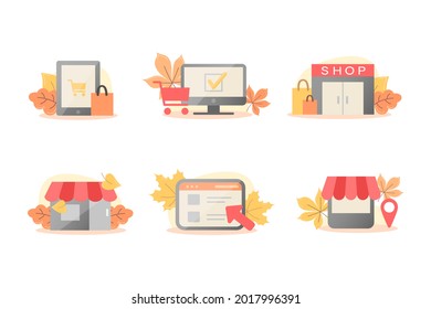 Herbstsatz von Vektorsymbol für Online- und Offline-Geschäfte
