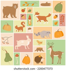 Ilustración vectorial del conjunto de otoño. Caricatura adorables personajes animales salvajes, cosecha de verduras otoñales, setas y hojas, elementos naturales de bosques y jardines y caída de la vida silvestre en el fondo del collage cuadrado