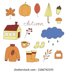 Autumn set vector illustration, hand drawing doodles multicolored