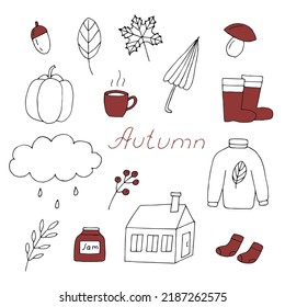 Autumn set vector illustration, hand drawing red and outline doodles