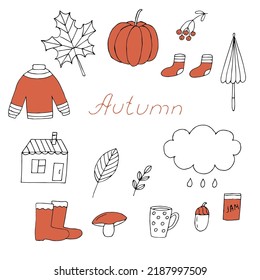 Autumn set vector illustration, hand drawing orange and outline doodles