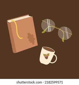 Autumn Set. Vector illustrations brown book with yellow ribbon and coffee mug with drawing. Glasses in a thin frame. Autumn evening atmosphere for reading books. Drawing book and glasses to design an 