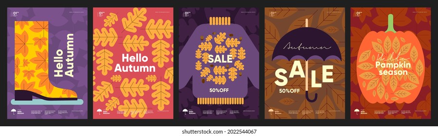 Autumn. Set of vector illustrations. Patterns and simple pictures. Hello Autumn. Background for sale banner, poster, flyer, cover. 