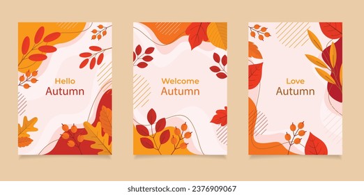 Autumn. Set of vector illustrations. Patterns and simple pictures. Hello Autumn. Background for sale banner, poster, flyer, cover.