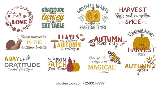 Autumn set of vector lettering slogans for fall season. Autumn phrases with cute and cozy design elements. Fall lettering collection in warm shades of green red and yellow isolated on white