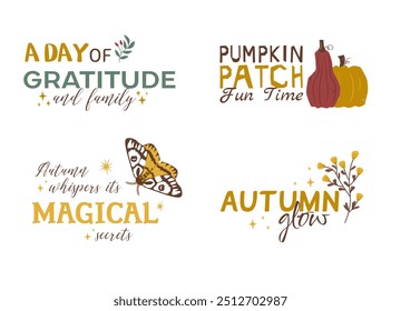 Conjunto de eslóganes de letras de Vector de otoño para la temporada de otoño. Frases de otoño con Elementos de diseño lindos y acogedores. Colección de letras de otoño en tonos cálidos de verde, rojo y amarillo aislados en blanco