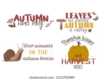 Conjunto de eslóganes de letras de Vector de otoño para la temporada de otoño. Frases de otoño con Elementos de diseño lindos y acogedores. Colección de letras de otoño en tonos cálidos de verde, rojo y amarillo aislados en blanco