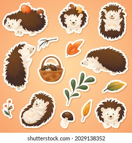 Autumn set of vector stickers with forest cartoon cute hedgehog, basket with wild mushrooms, apples and twigs with fallen leaves.