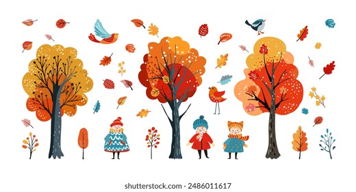 Autumn set Yellow and orange minimalistic trees, Female characters, cute girls Hand drawn. Flat cartoon illustration.