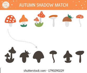 Autumn Shadow Matching Activity For Children. Fall Season Puzzle With Cute Mushrooms. Simple Educational Game For Kids. Find The Correct Silhouette Printable Worksheet. 
