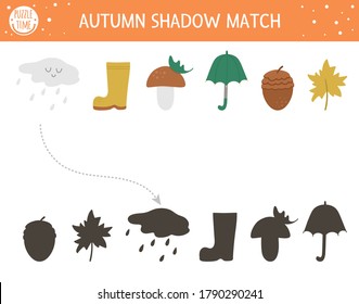 Autumn shadow matching activity for children. Fall season puzzle with cute objects. Simple educational game for kids with umbrella, cloud, leaf. Find the correct silhouette printable worksheet. 
