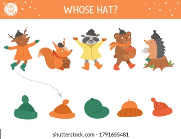 Autumn Shadow Matching Activity For Children. Fall Season Puzzle With Cute Animals. Simple Whose Hat Educational Game For Kids. Find The Correct Silhouette Printable Worksheet. 
