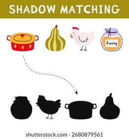 Actividad de emparejamiento de sombras de otoño para niños. Rompecabezas de otoño con Elementos acogedores. Juego educativo para niños. Encuentre la hoja de cálculo imprimible de silueta correcta. Vector ilustración de dibujos animados.