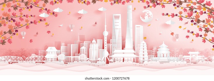 Autumn in Shanghai, China with falling maple leaves in paper cut style vector illustration