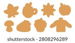 Autumn shapes cute fall silhouettes isolated vector template. Fall design elements - maple leaf, cupcake, hygge sweater, cheesecake pie, cup of coffee or cocoa. Cardboard die cut or cookie cutter.