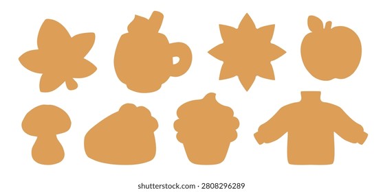Autumn shapes cute fall silhouettes isolated vector template. Fall design elements - maple leaf, cupcake, hygge sweater, cheesecake pie, cup of coffee or cocoa. Cardboard die cut or cookie cutter.
