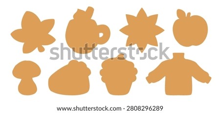 Autumn shapes cute fall silhouettes isolated vector template. Fall design elements - maple leaf, cupcake, hygge sweater, cheesecake pie, cup of coffee or cocoa. Cardboard die cut or cookie cutter.