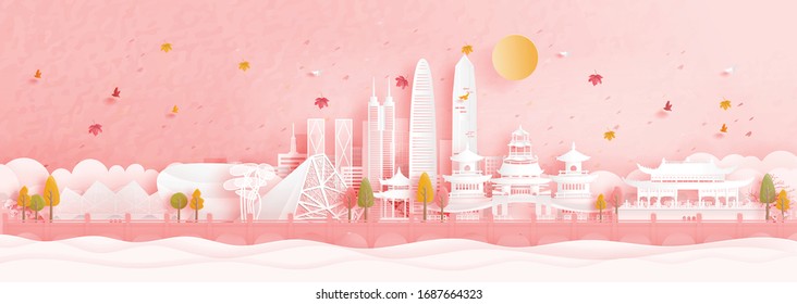 Autumn in Shenzhen, China with falling maple leaves and world famous landmarks in paper cut style vector illustration