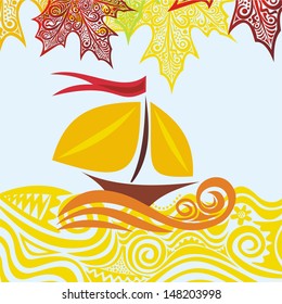 Autumn ship leaves wave vector illustration