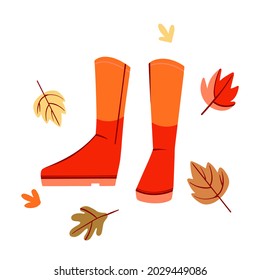 Autumn shoes rain boots vector in flat style. Fashion illustrations with red orange rubber boots and fallen leaves. Fall season autumn vibes hand drawn on white background