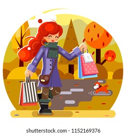 Autumn shopping bag package girl purchase park background flat design character vector illustration