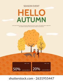 Autumn shopping event illustration Girlfriends on a dog walk Discount Coupons Banner Vector.	