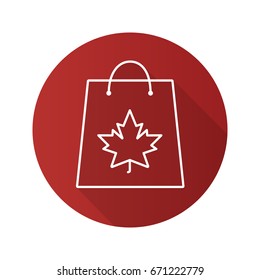 Autumn shopping flat linear long shadow icon. Shopping bag with maple leaf. Vector outline symbol